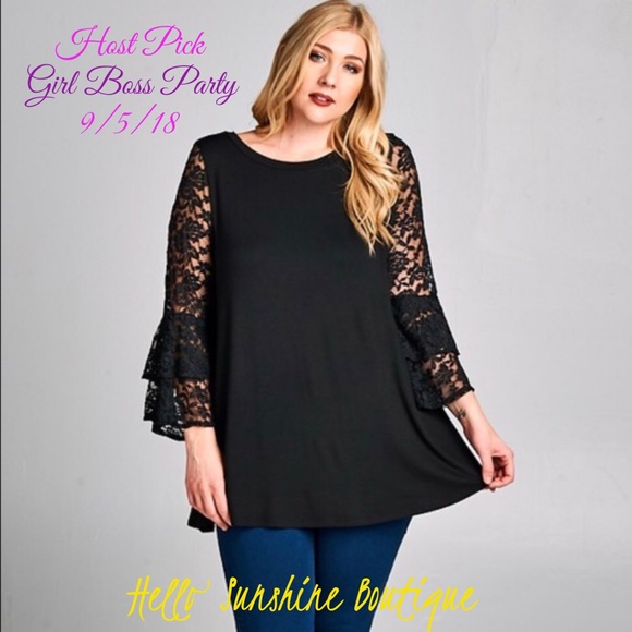 Tops - PLUS SIZE black jersey tunic w Lace bell sleeves